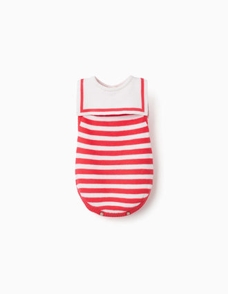 Cotton knitted romper with stripes for newborns, red/white