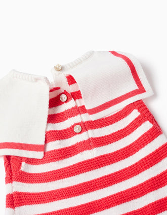 Cotton knitted romper with stripes for newborns, red/white
