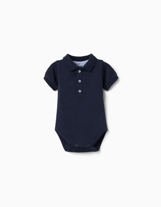 Short sleeve cotton polo bodysuit for newborn boys, dark blue