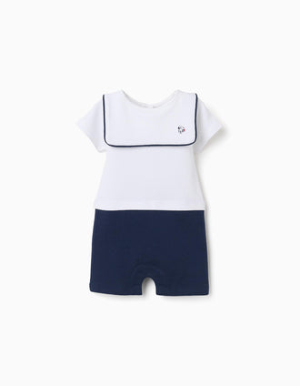 Macacão em piqué com Mickey para recém-nascido, branco/azul-escuro