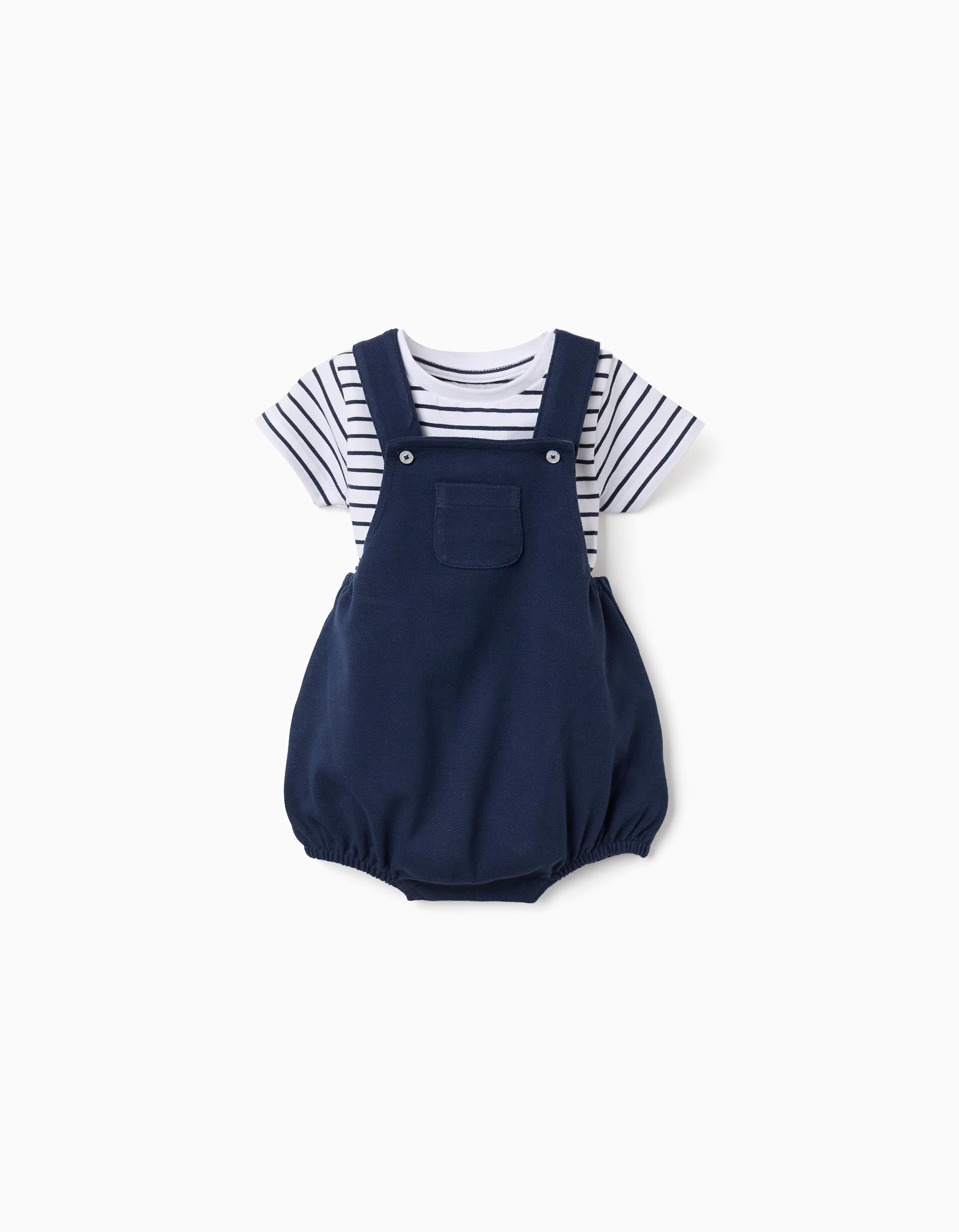 Body às riscas + fofo em piqué para recém-nascidos, branco/azul-escuro