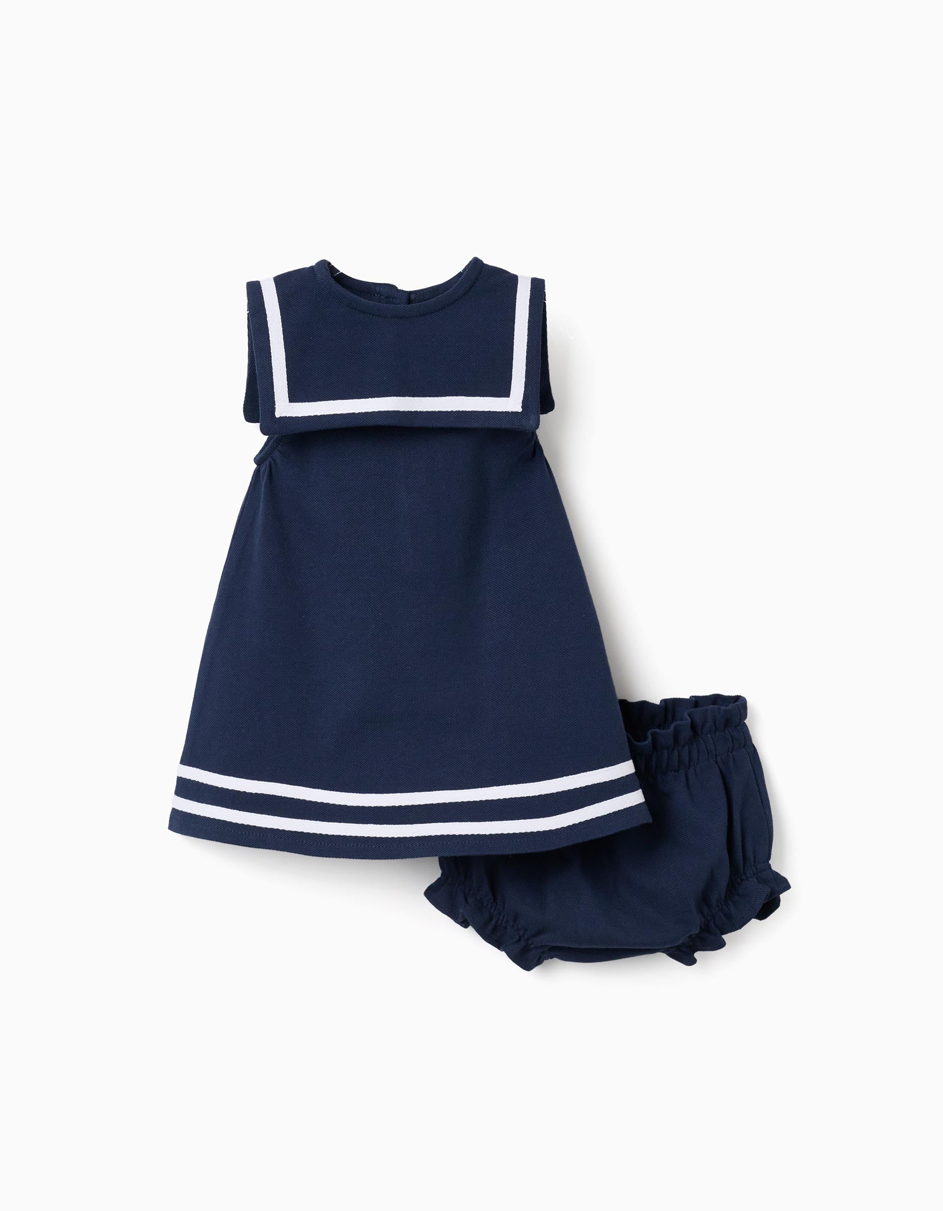 Vestido + tapa-fraldas em piqué para recém-nascida, azul-escuro