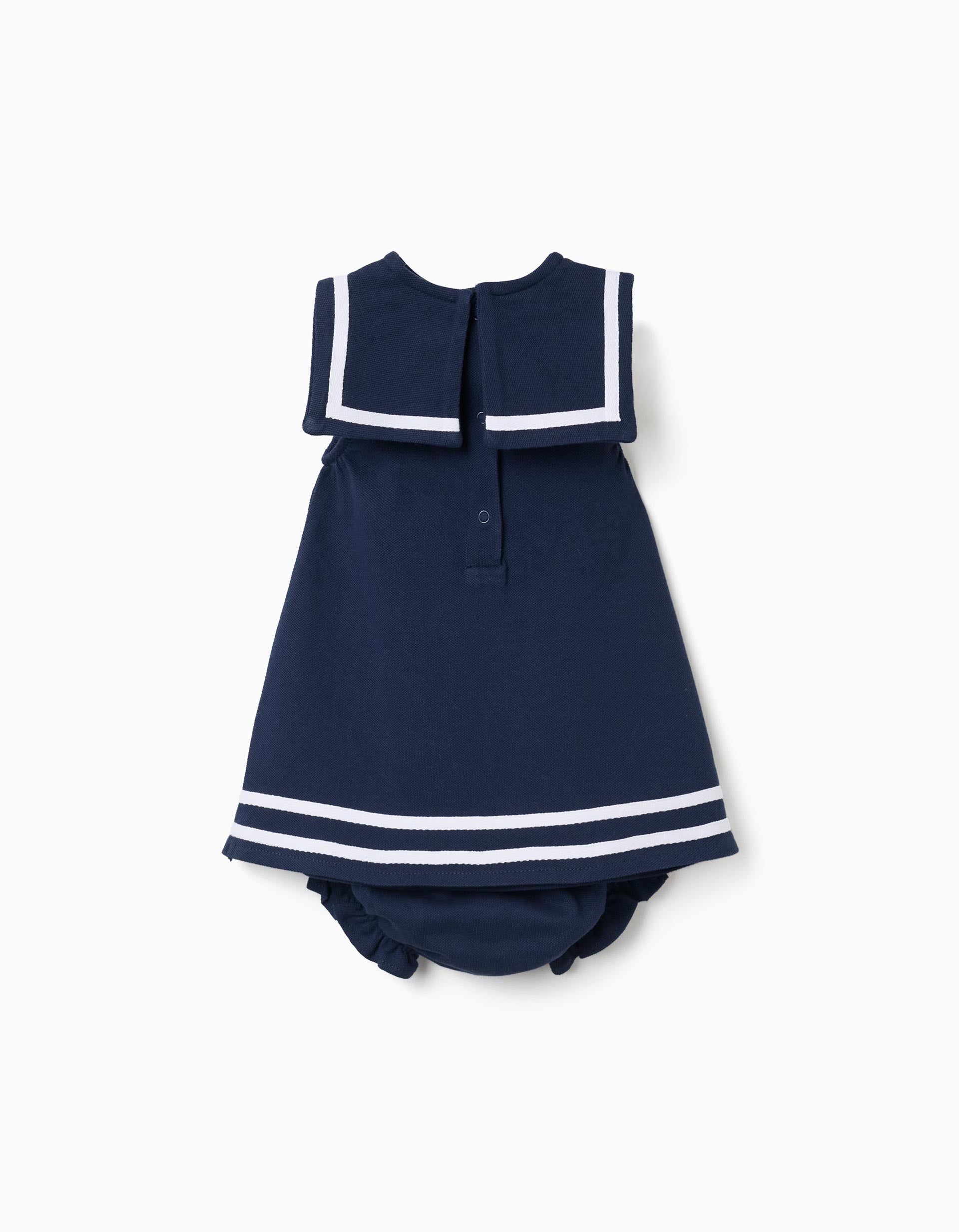 Vestido + tapa-fraldas em piqué para recém-nascida, azul-escuro