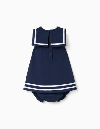 Vestido + tapa-fraldas em piqué para recém-nascida, azul-escuro