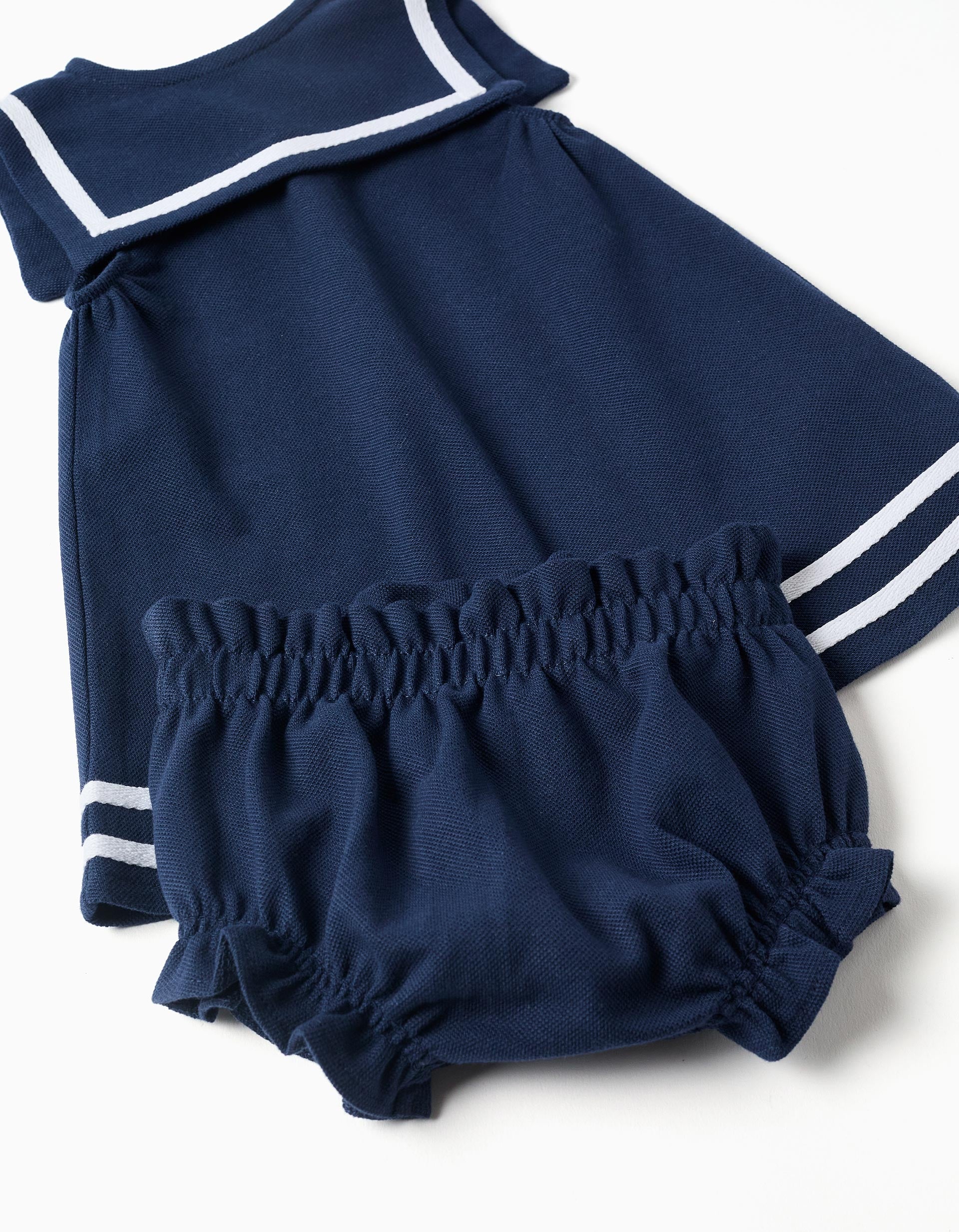 Vestido + tapa-fraldas em piqué para recém-nascida, azul-escuro