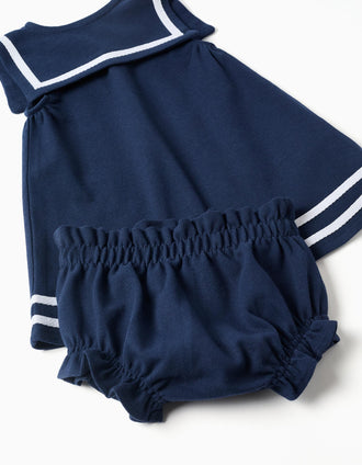 Vestido + tapa-fraldas em piqué para recém-nascida, azul-escuro