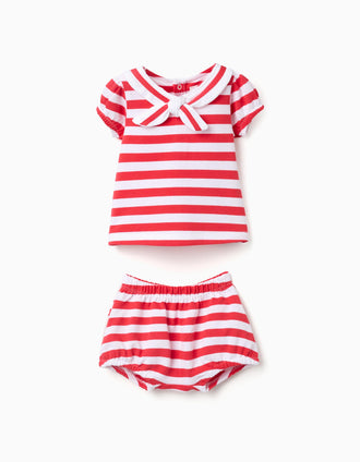 T-shirt + tapa-fraldas às riscas para recém-nascida, branco/vermelho