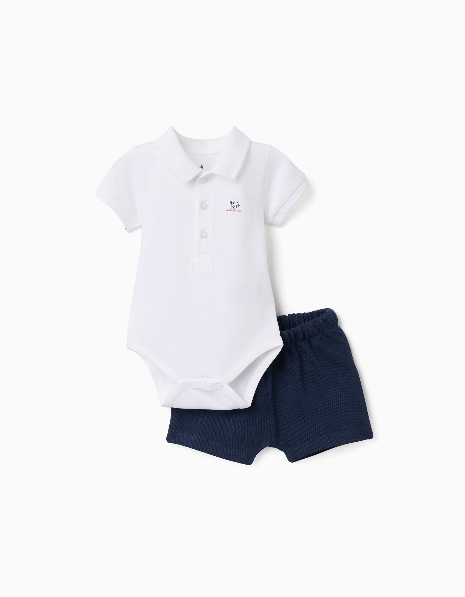 Body-polo avec imprimé Mickey + short pour nouveau-né, blanc/bleu