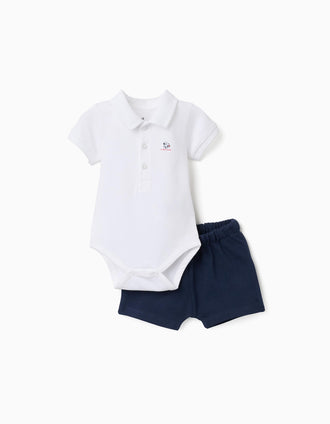 Body-polo com estampado Mickey + calções para recém-nascido, branco/azul