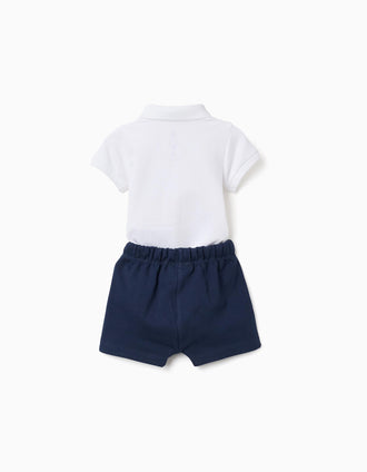 Body-polo com estampado Mickey + calções para recém-nascido, branco/azul