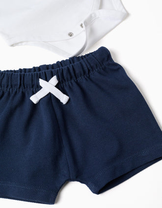 Body-polo com estampado Mickey + calções para recém-nascido, branco/azul