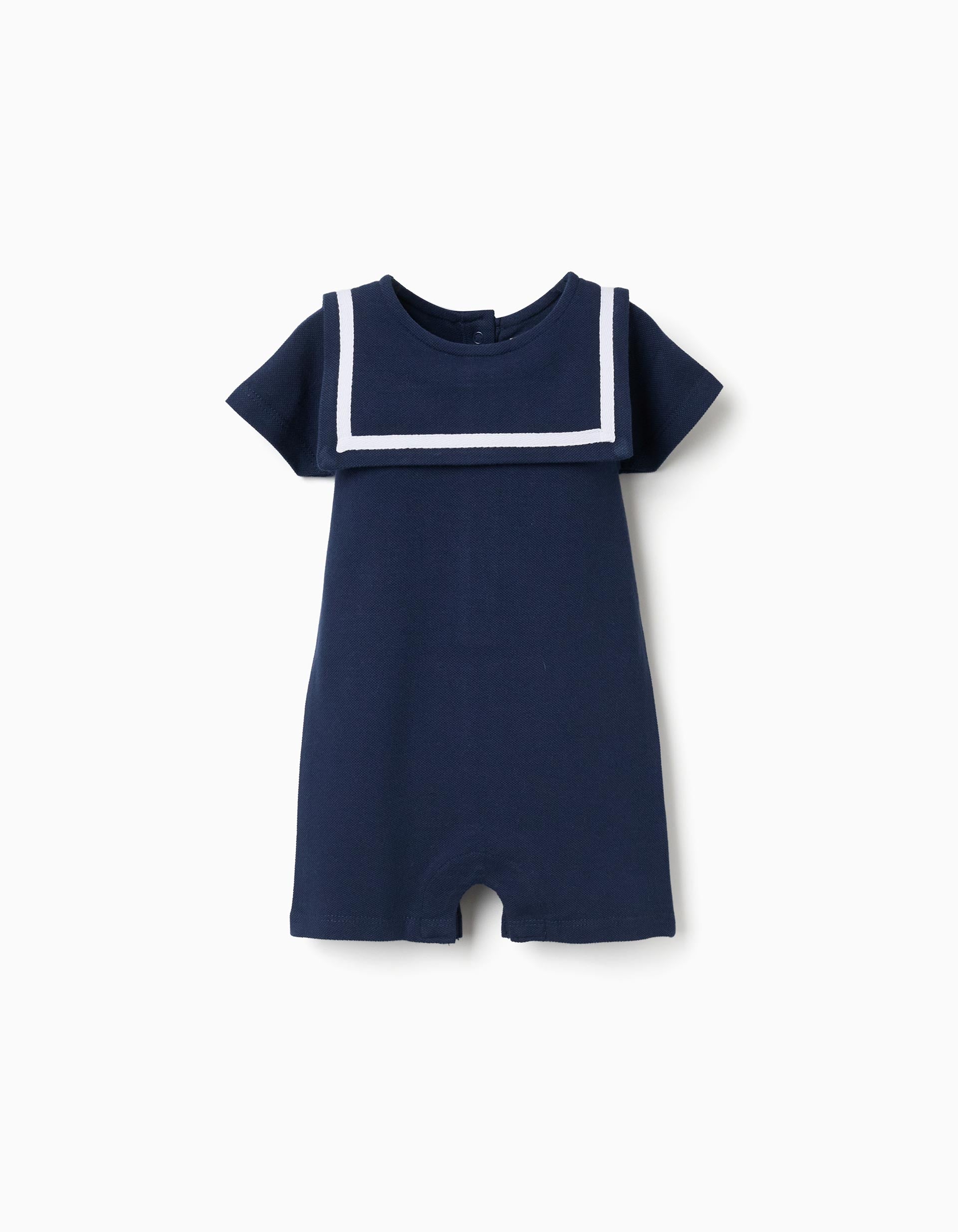 Macacão em piqué com gola marinheiro para recém-nascido, azul-escuro