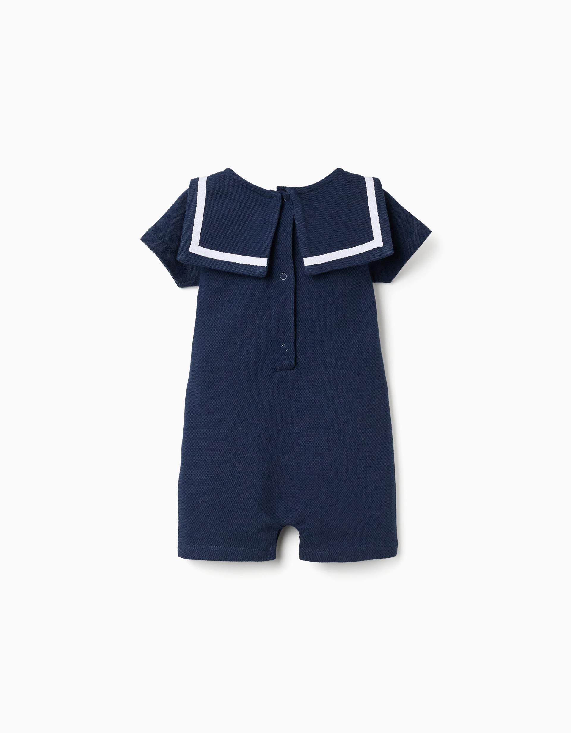 Macacão em piqué com gola marinheiro para recém-nascido, azul-escuro