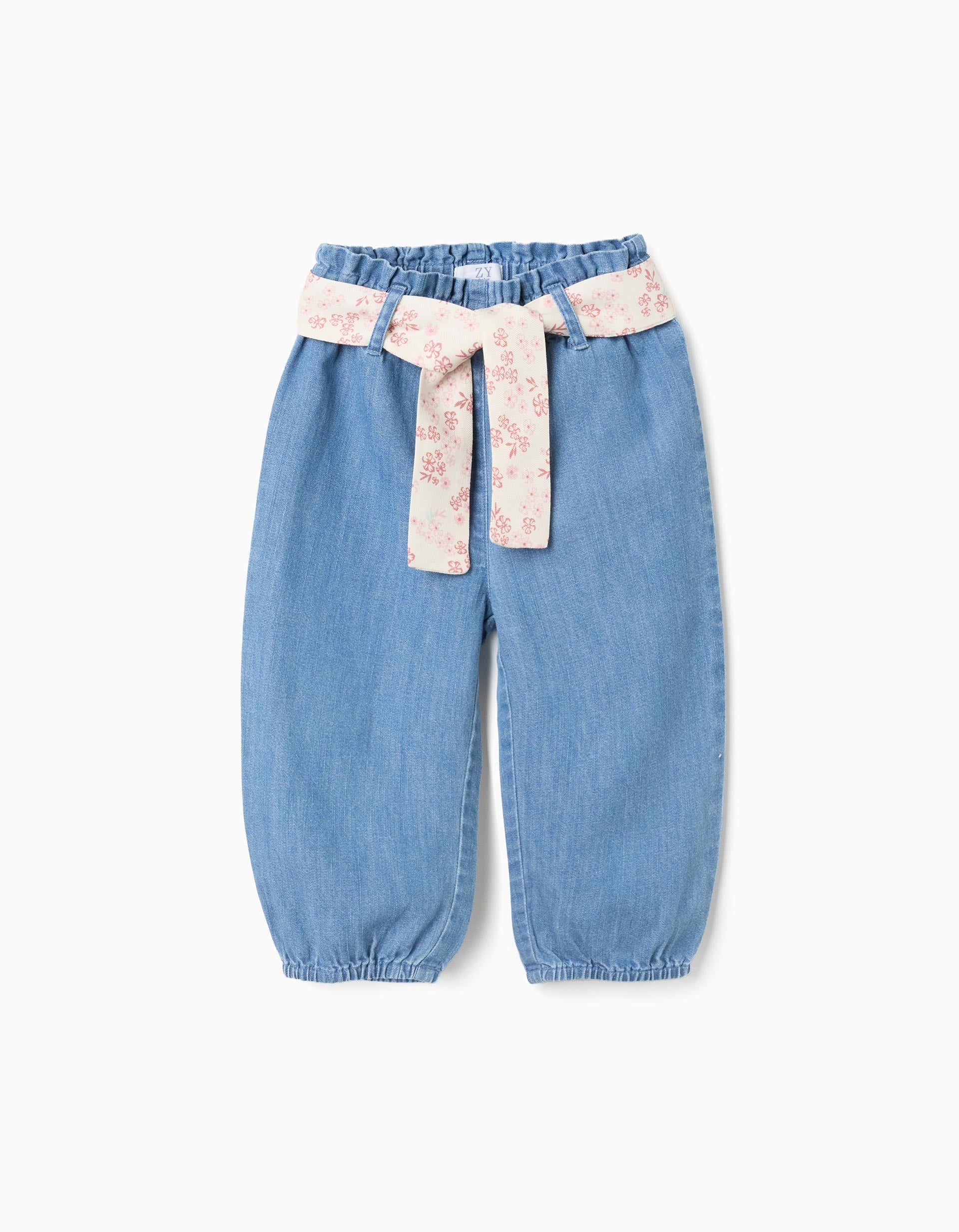 Denim paperbag trousers with floral belt for baby girls, blue