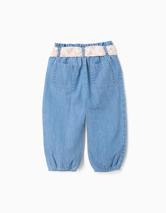 Denim paperbag trousers with floral belt for baby girls, blue