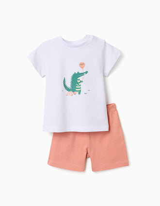 Cotton pyjamas with alligator print for baby boys, white/orange
