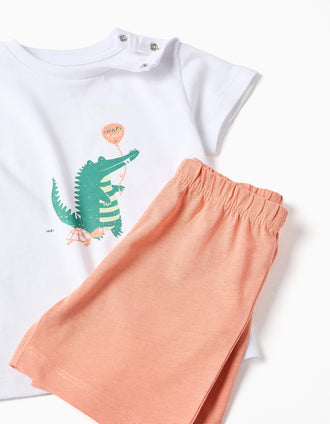 Cotton pyjamas with alligator print for baby boys, white/orange