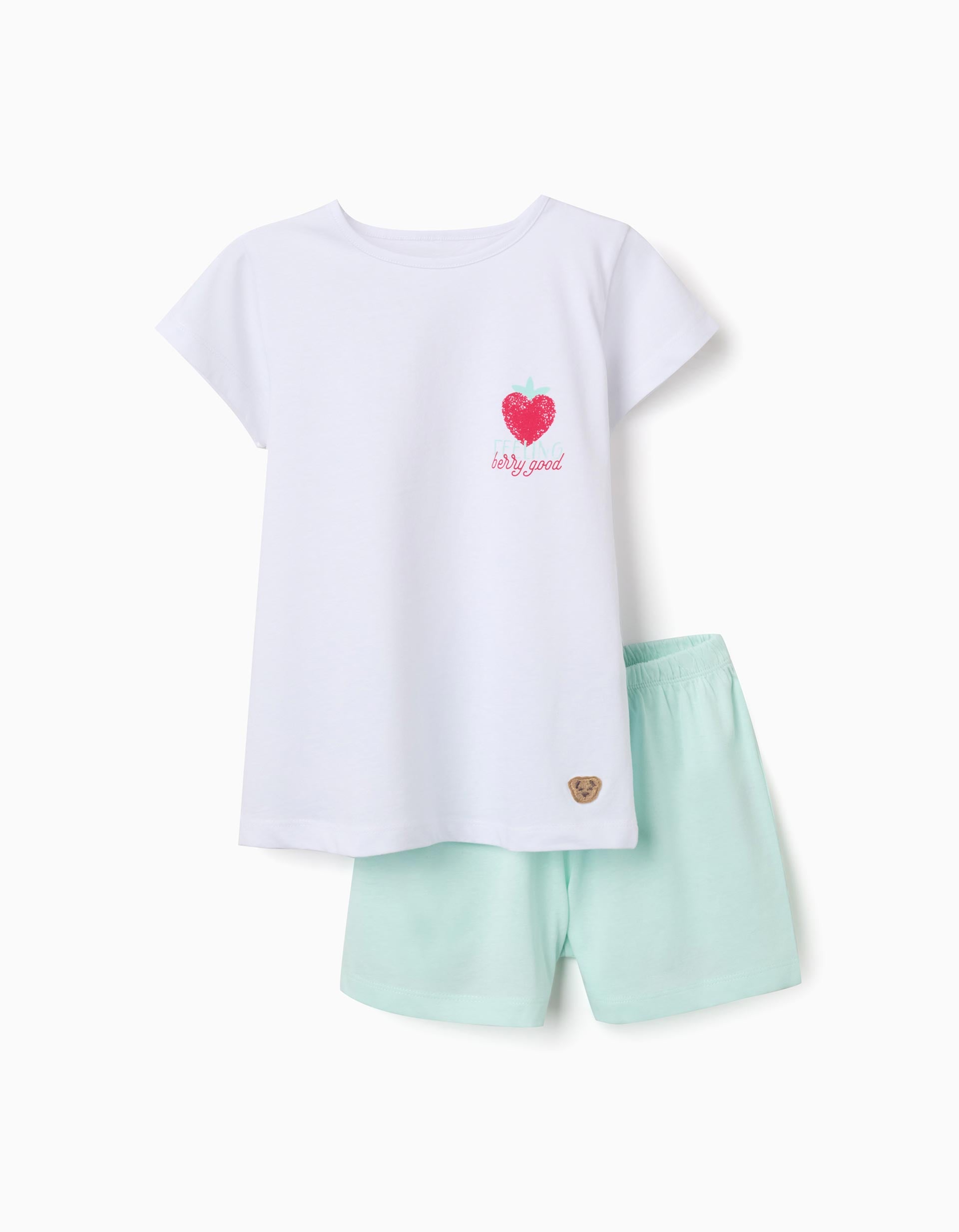 Short sleeve cotton pyjamas with heart print for girls, white/green
