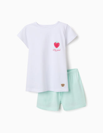 Short sleeve cotton pyjamas with heart print for girls, white/green