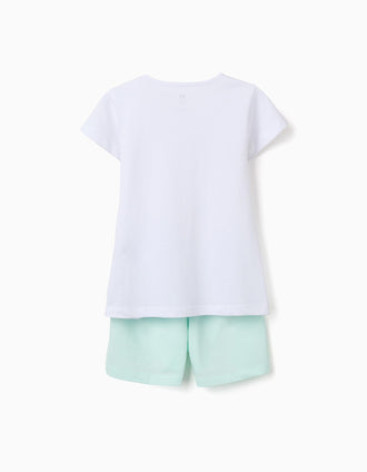 Short sleeve cotton pyjamas with heart print for girls, white/green