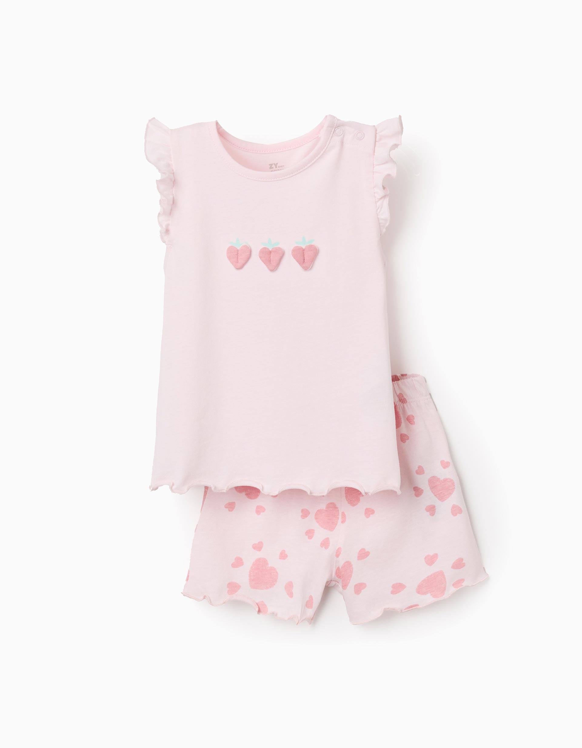 Pijama de algodão com corações e folhos para bebé menina, rosa-claro