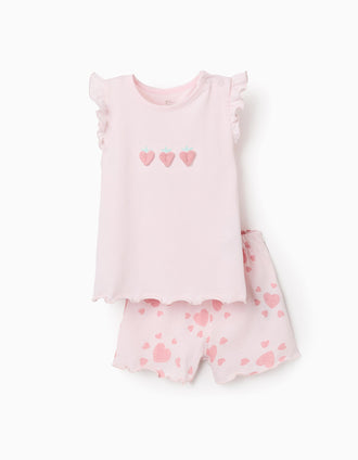Cotton pyjamas with heart prints and ruffles for baby girls, light pink