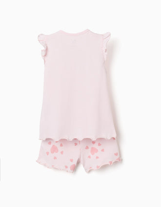 Cotton pyjamas with heart prints and ruffles for baby girls, light pink