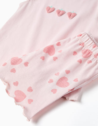 Cotton pyjamas with heart prints and ruffles for baby girls, light pink