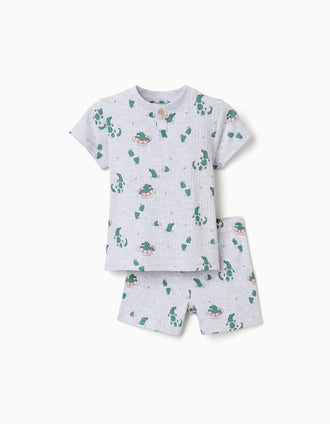 Ribbed cotton pyjamas with alligator motif for baby boys, light grey