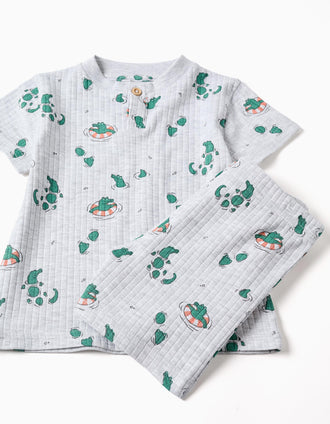 Ribbed cotton pyjamas with alligator motif for baby boys, light grey