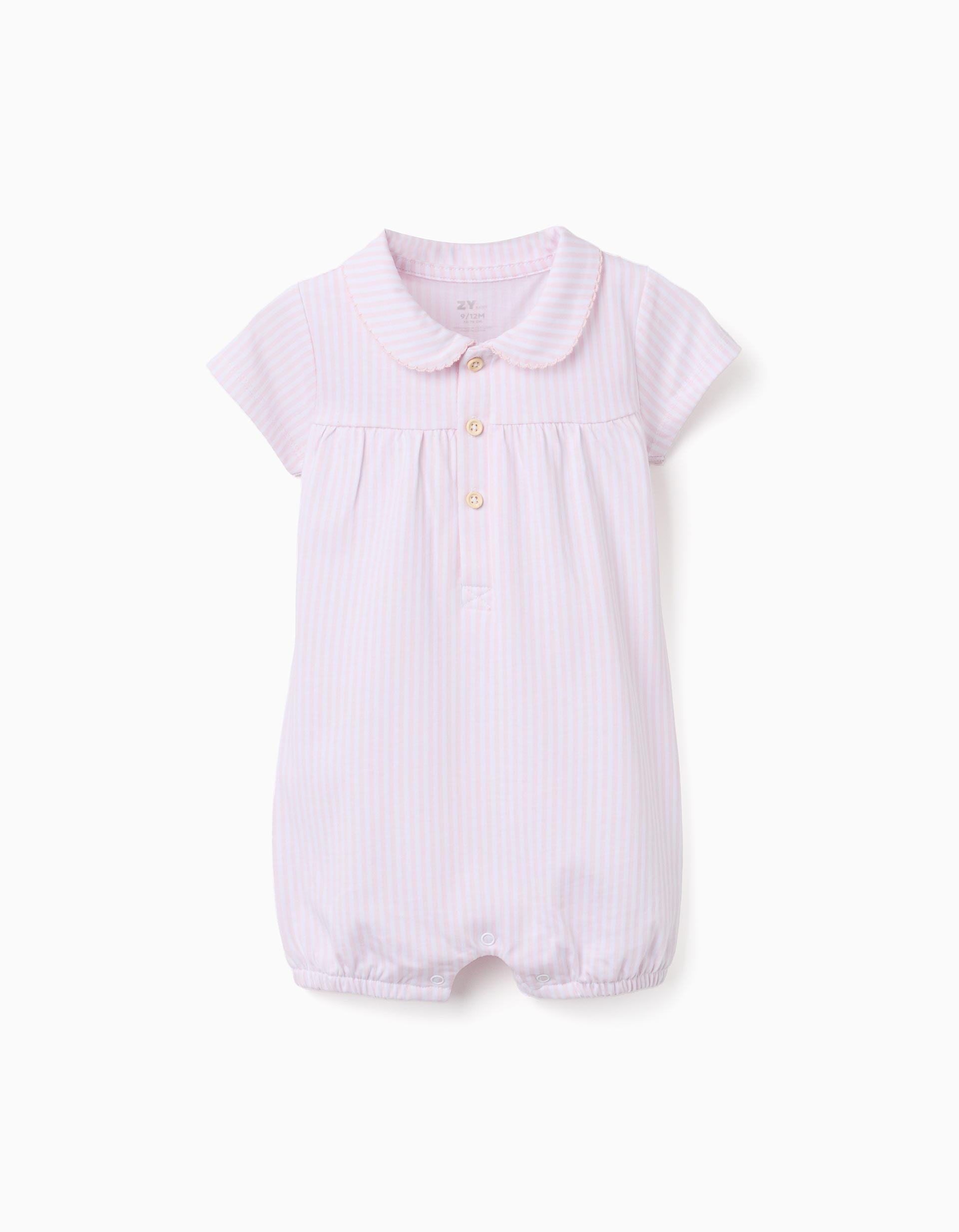 Pijama-macacão de algodão às riscas para recém-nascida e bebé, branco/rosa