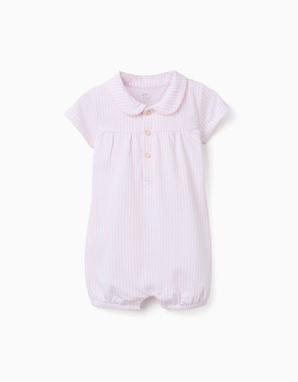 Cotton romper with stripes for newborn and baby girls, white/pink