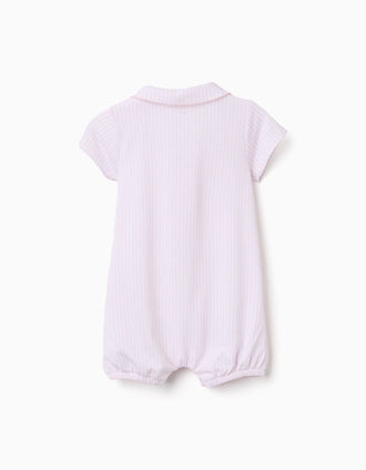 Cotton romper with stripes for newborn and baby girls, white/pink