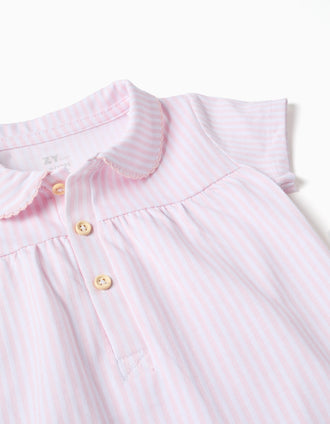 Cotton romper with stripes for newborn and baby girls, white/pink