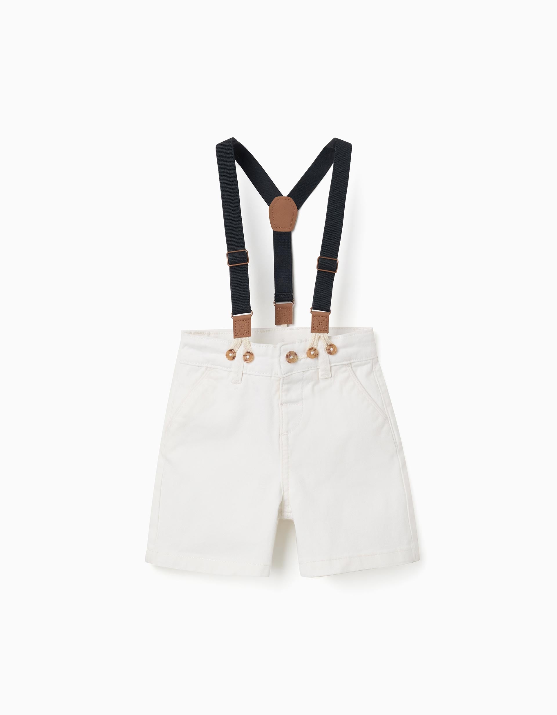 Midi twill shorts with removable braces for baby boys, white