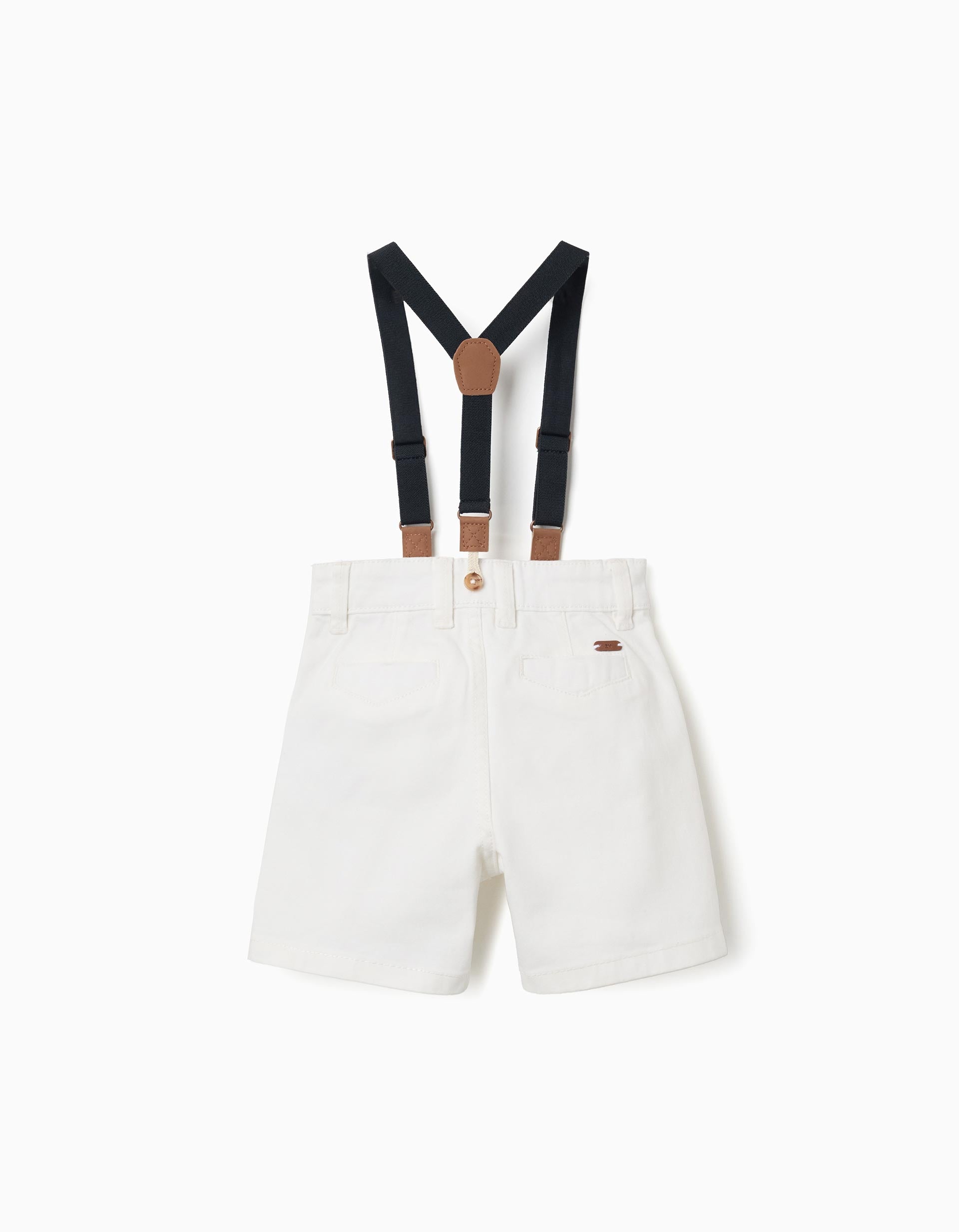 Midi twill shorts with removable braces for baby boys, white