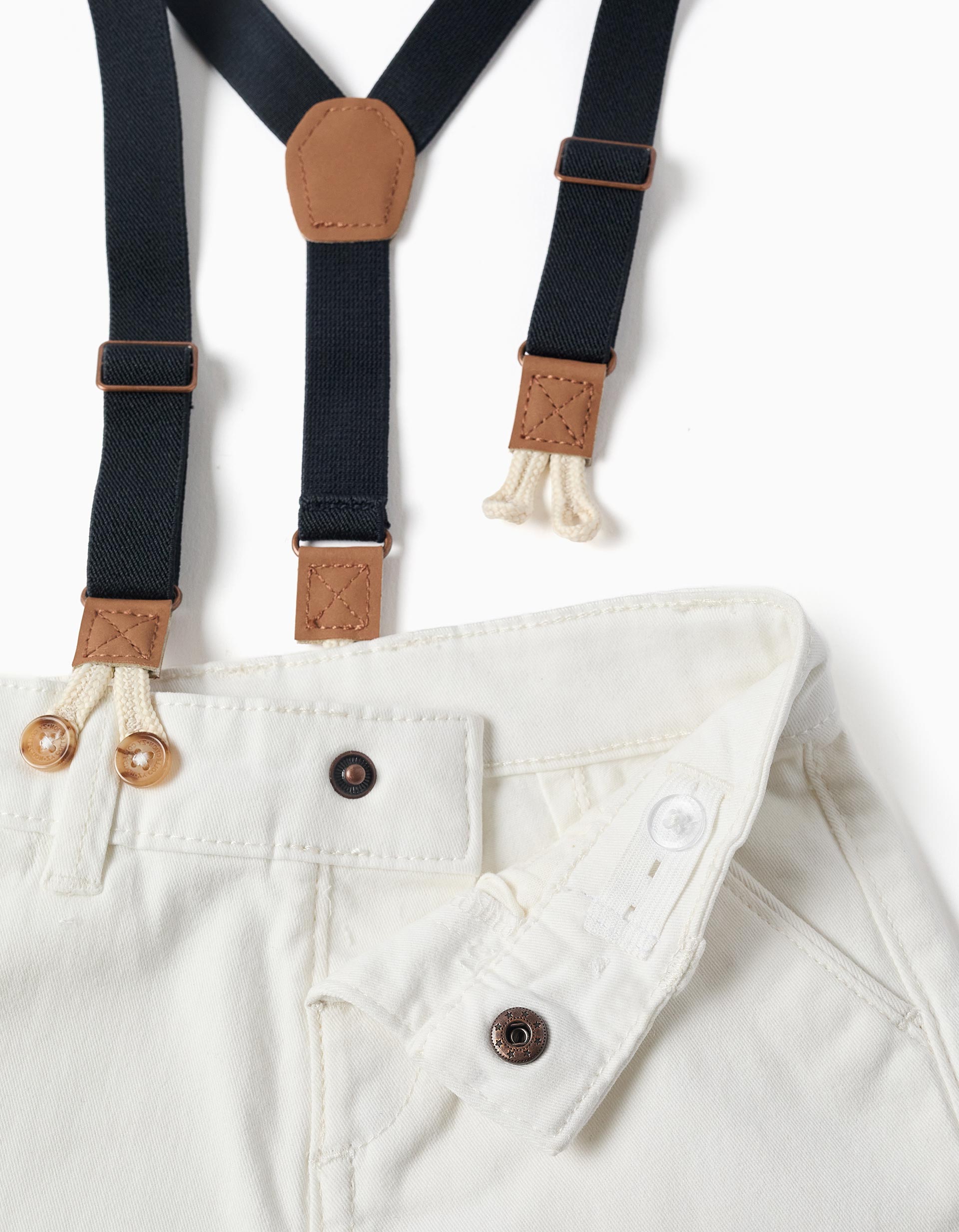 Midi twill shorts with removable braces for baby boys, white