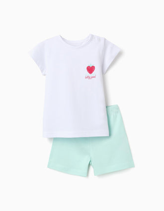 Short sleeve cotton pyjamas with heart print for baby girls, white/green
