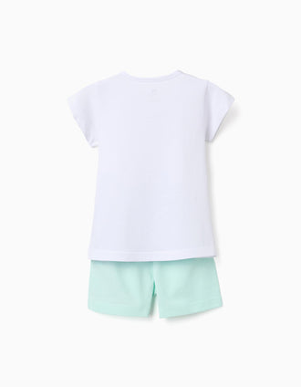 Short sleeve cotton pyjamas with heart print for baby girls, white/green