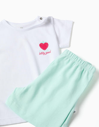 Short sleeve cotton pyjamas with heart print for baby girls, white/green