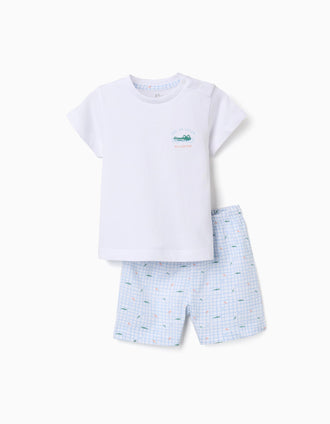 Short sleeve cotton pyjamas with alligator prints for baby boys, white