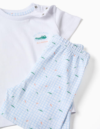 Short sleeve cotton pyjamas with alligator prints for baby boys, white