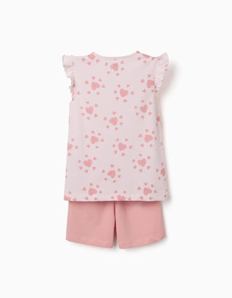 Cotton pyjamas with heart motif and ruffles for girls, pink