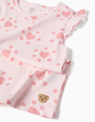 Cotton pyjamas with heart motif and ruffles for girls, pink