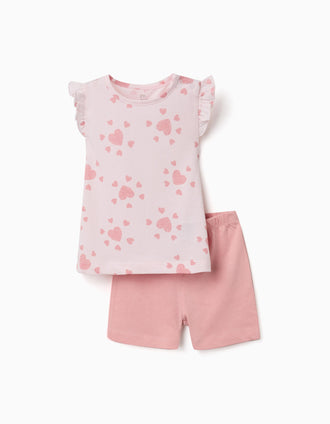 Cotton pyjamas with heart motif and ruffles for baby girls, pink