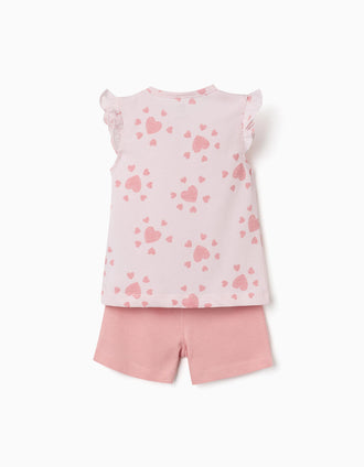 Cotton pyjamas with heart motif and ruffles for baby girls, pink