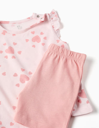 Cotton pyjamas with heart motif and ruffles for baby girls, pink