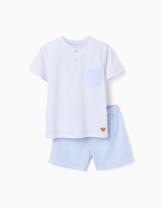 Short sleeve cotton pyjamas with stripes for boys, white/blue