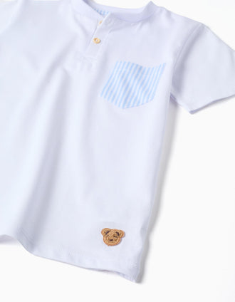 Short sleeve cotton pyjamas with stripes for boys, white/blue