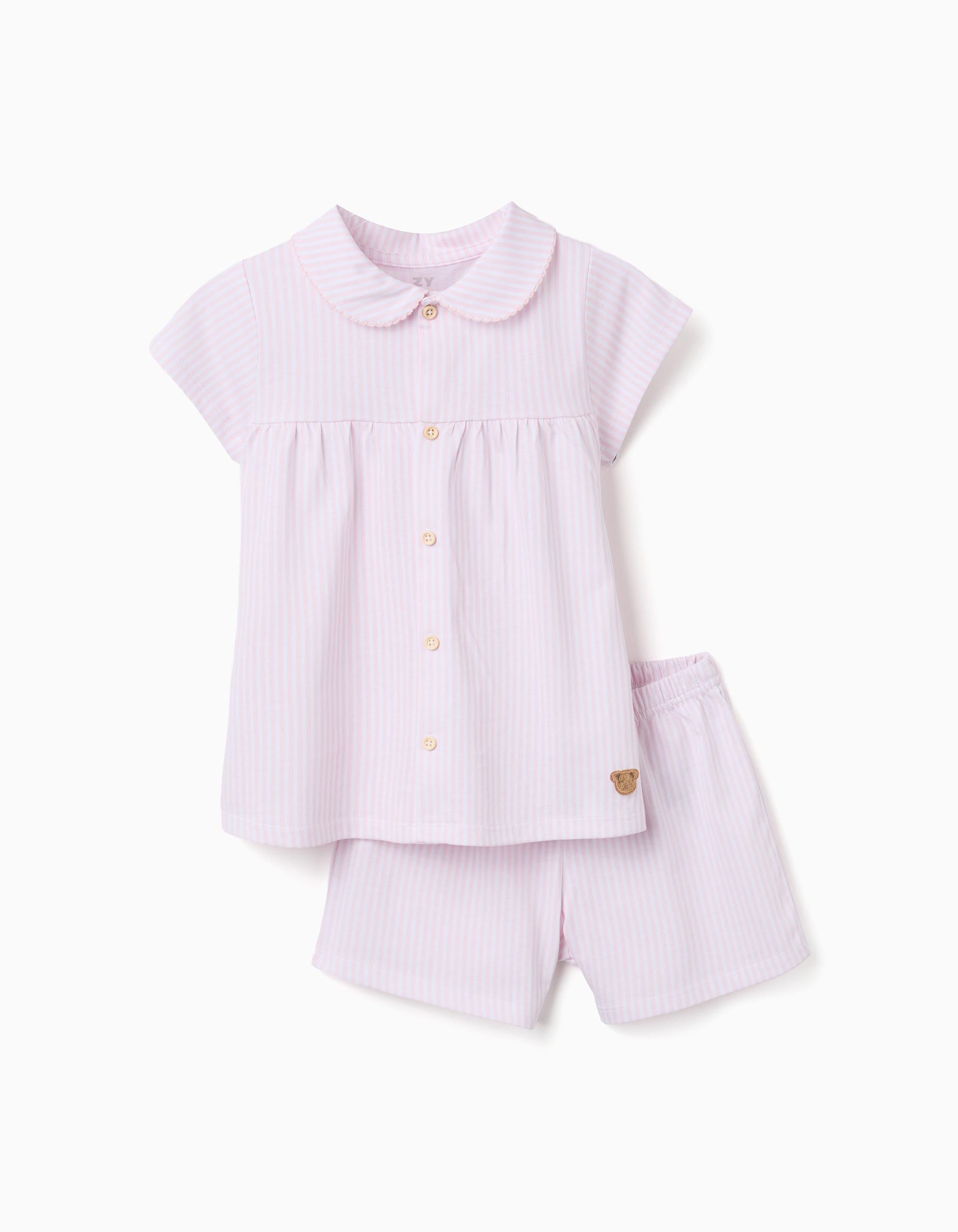 Short sleeve cotton pyjamas with stripes for girls, white/pink